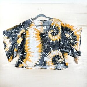 NWT  Versona Yellow Gray Tie Dye Short Sleeve Rayon Butterfly‎ Sleeve Crop XL